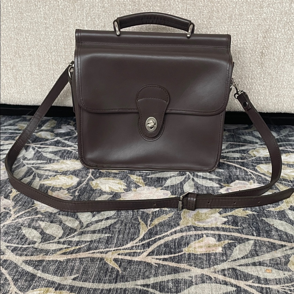 Brown Leather Bag Crossbody Top Handle Silver Accents Like New Flap Turn lock